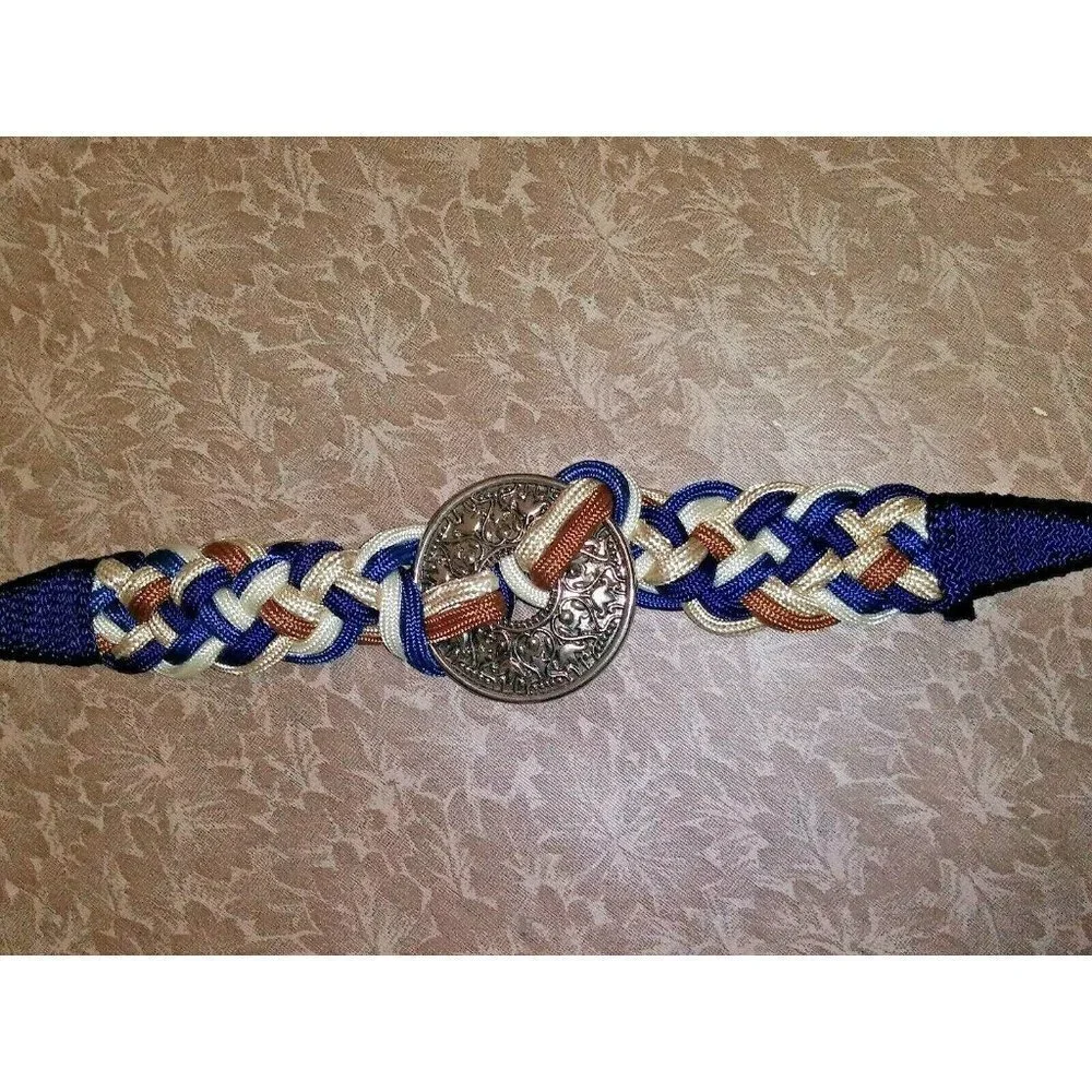 Womens Braided rope belt M/L Vintage Blue brown ivory, Silver ornate buckle Boho